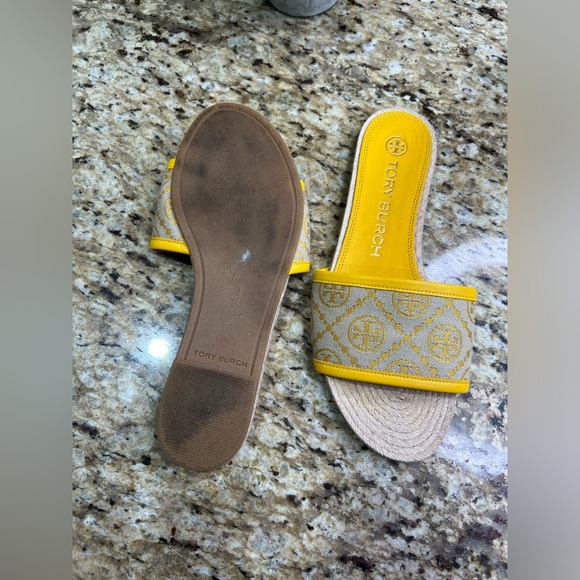 Tory Burch T Monogram Yellow Espadrille Slides 7.5M. - Picture 9 of 10
